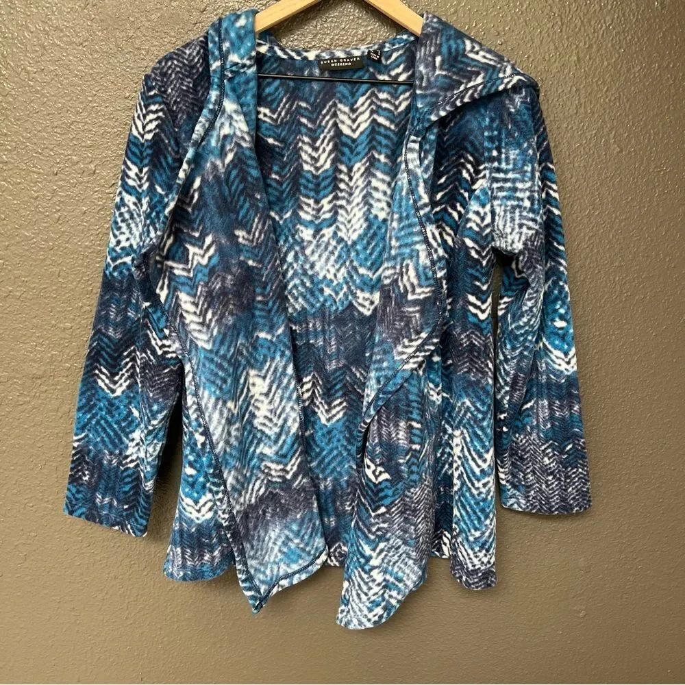 Susan Graver Weekend Printed Polar Fleece Hooded Cardigan in Blue | size XS